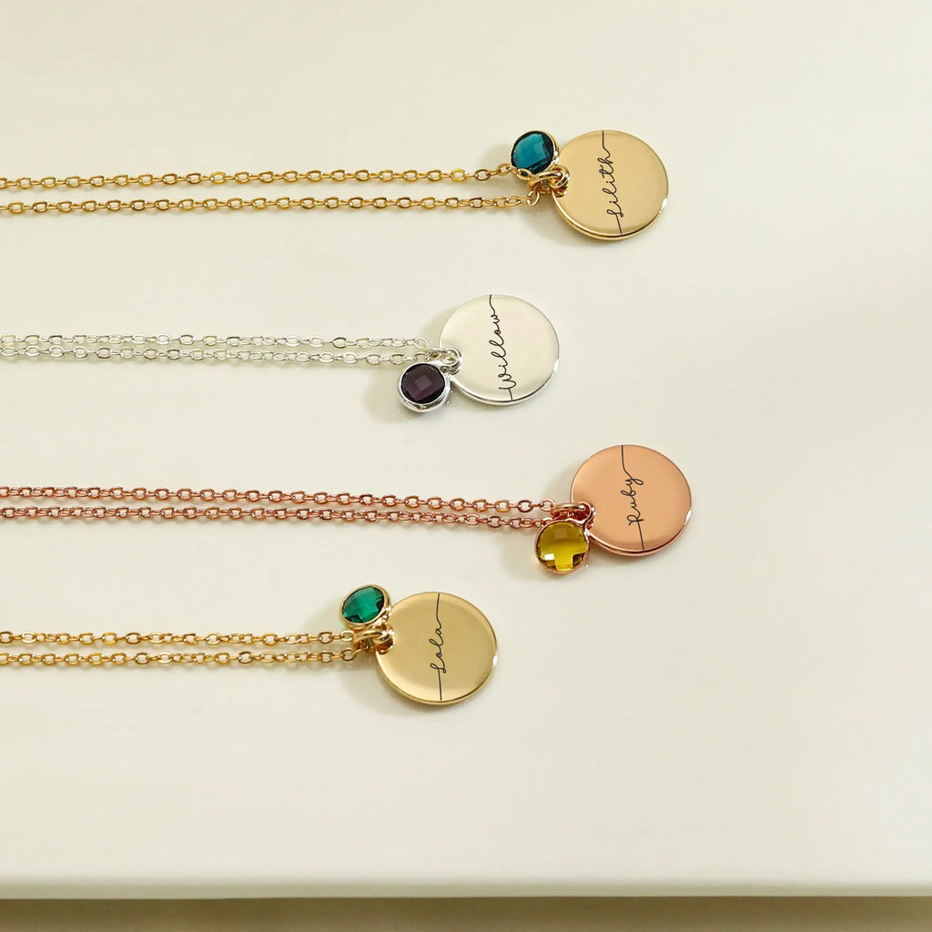 Birthstone Engraved Name Necklaces